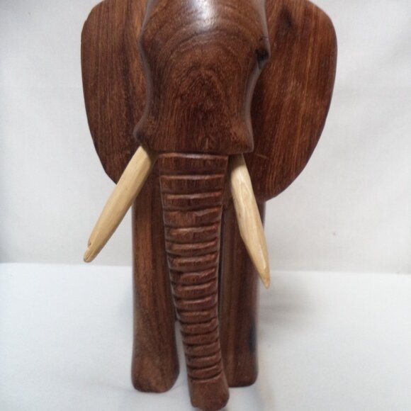 Elephant Wood Hand Carved Figurine Statue brown w/ Tusks Trunk 11" x 8.5" Decor - Picture 10 of 13